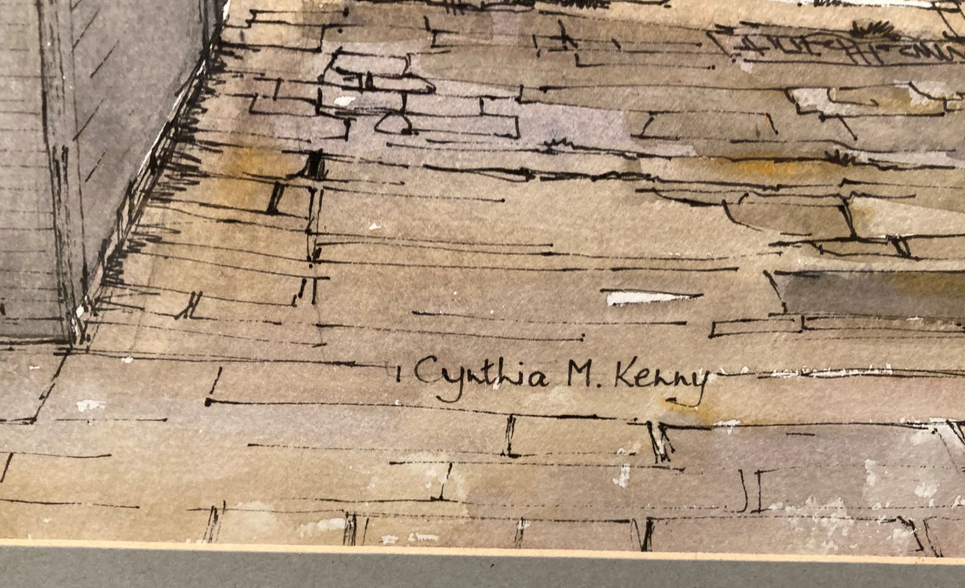 † Cynthia Kenny (1929-2021), Railings, Sidebottom's Yard, 1973', titled verso, ink and watercolour, - Image 2 of 4