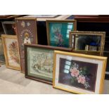 Gilt framed wall mirror and five framed tapestry pictures,