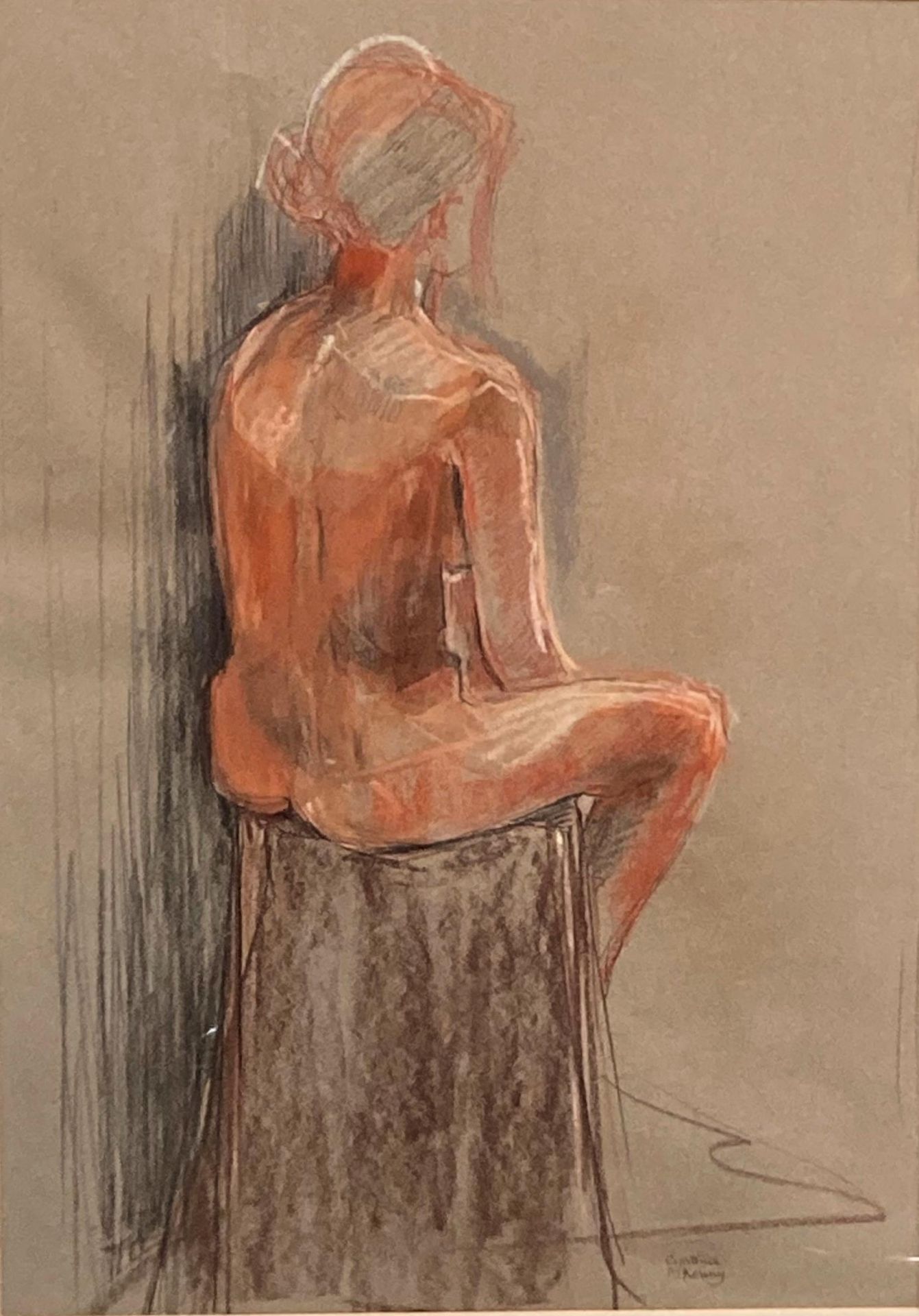† Cynthia Kenny (1929-2021), Sitting Nude, conte and pastel, image size 60cm x 42cm,