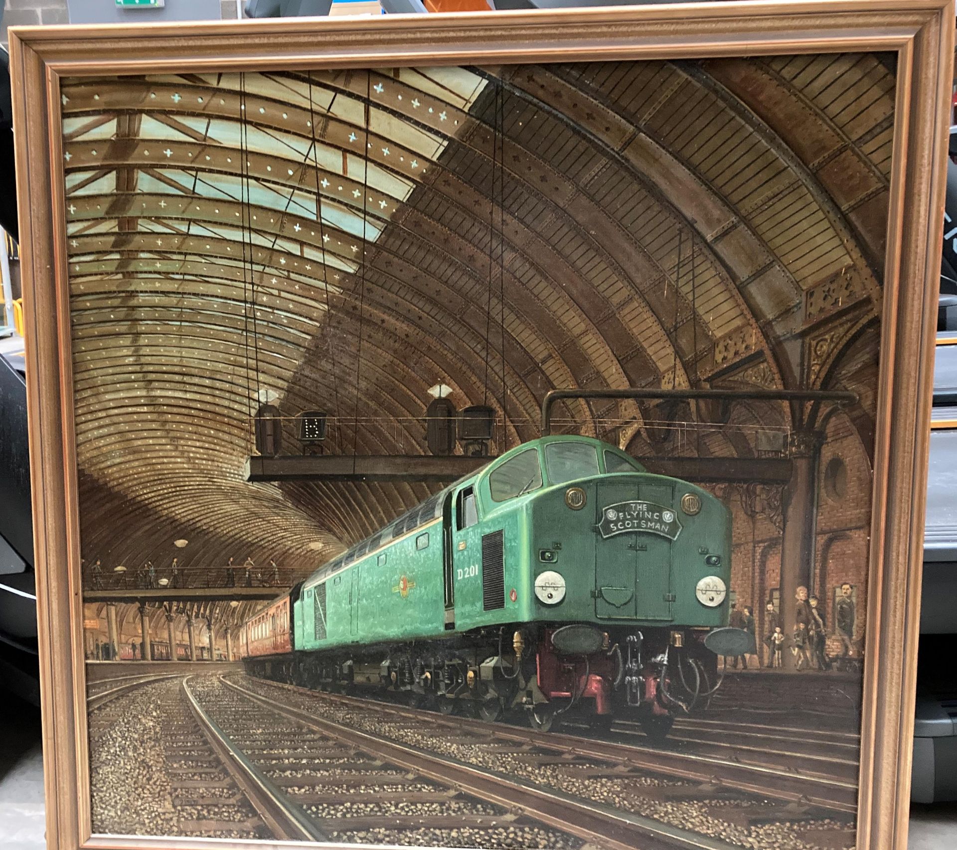 D Hey '89, large framed oil on board 'D201 The Flying Scotsman stationery in a railway station',