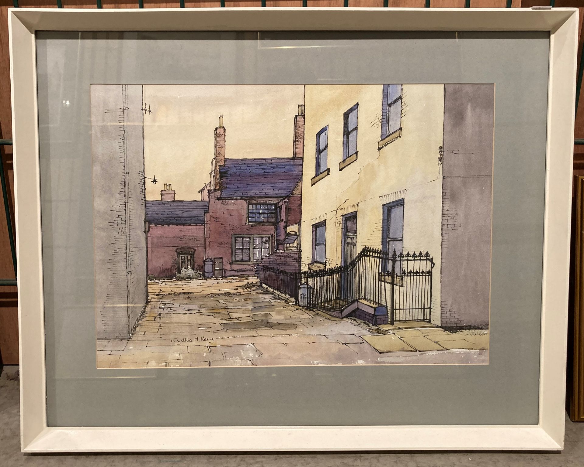 † Cynthia Kenny (1929-2021), Railings, Sidebottom's Yard, 1973', titled verso, ink and watercolour, - Image 3 of 4