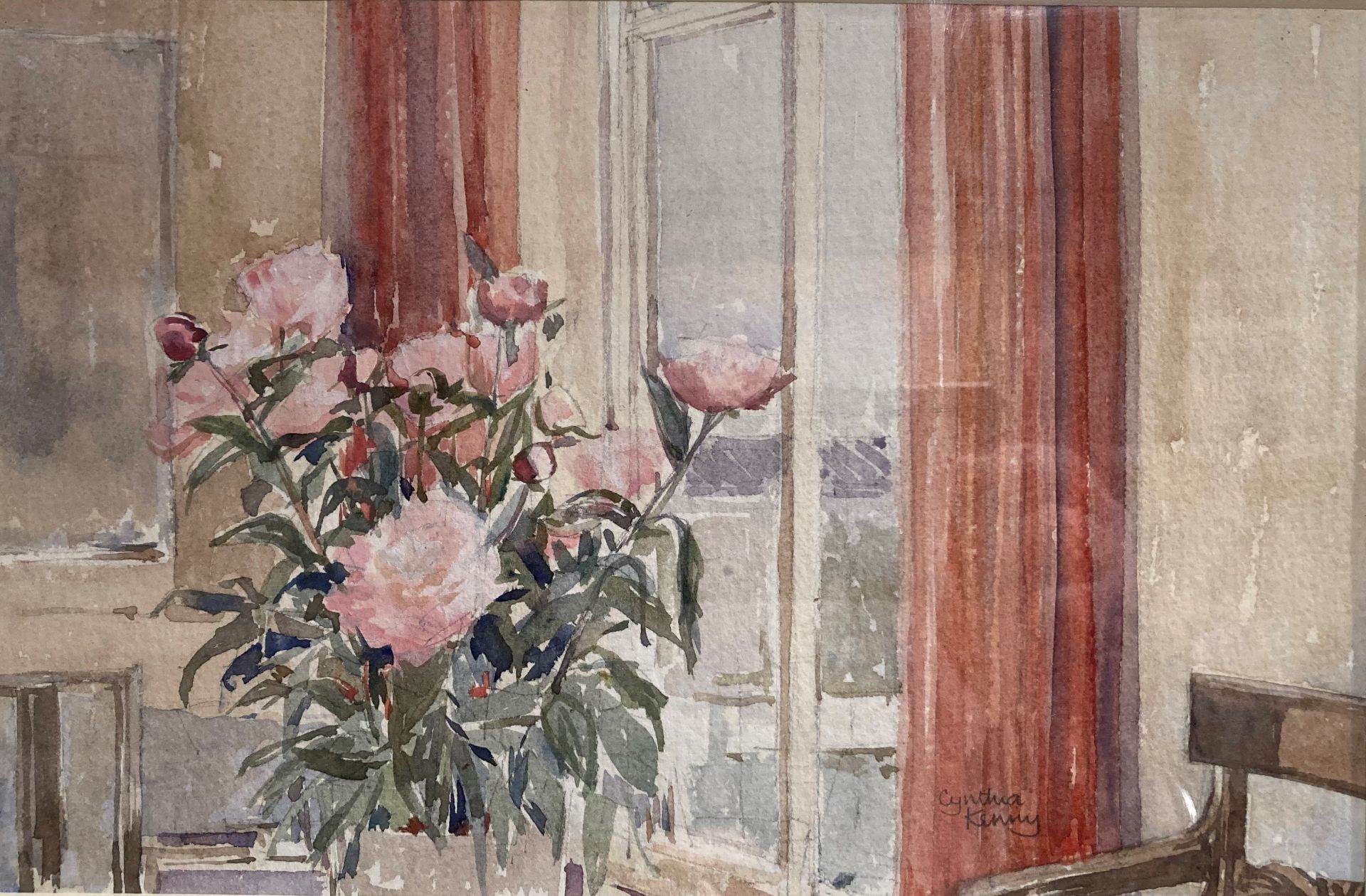 † Cynthia Kenny (1929-2021), 'Interior, with Peonies', titled verso, watercolour,