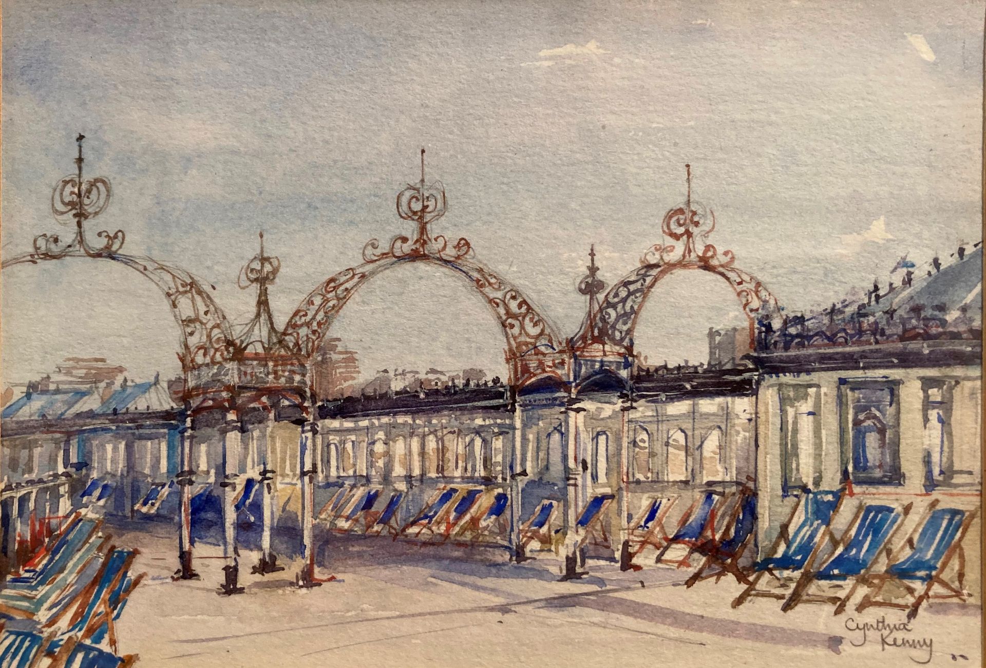 † Cynthia Kenny (1929-2021), 'Deck Chairs at Brighton 1981', titled verso, watercolour,
