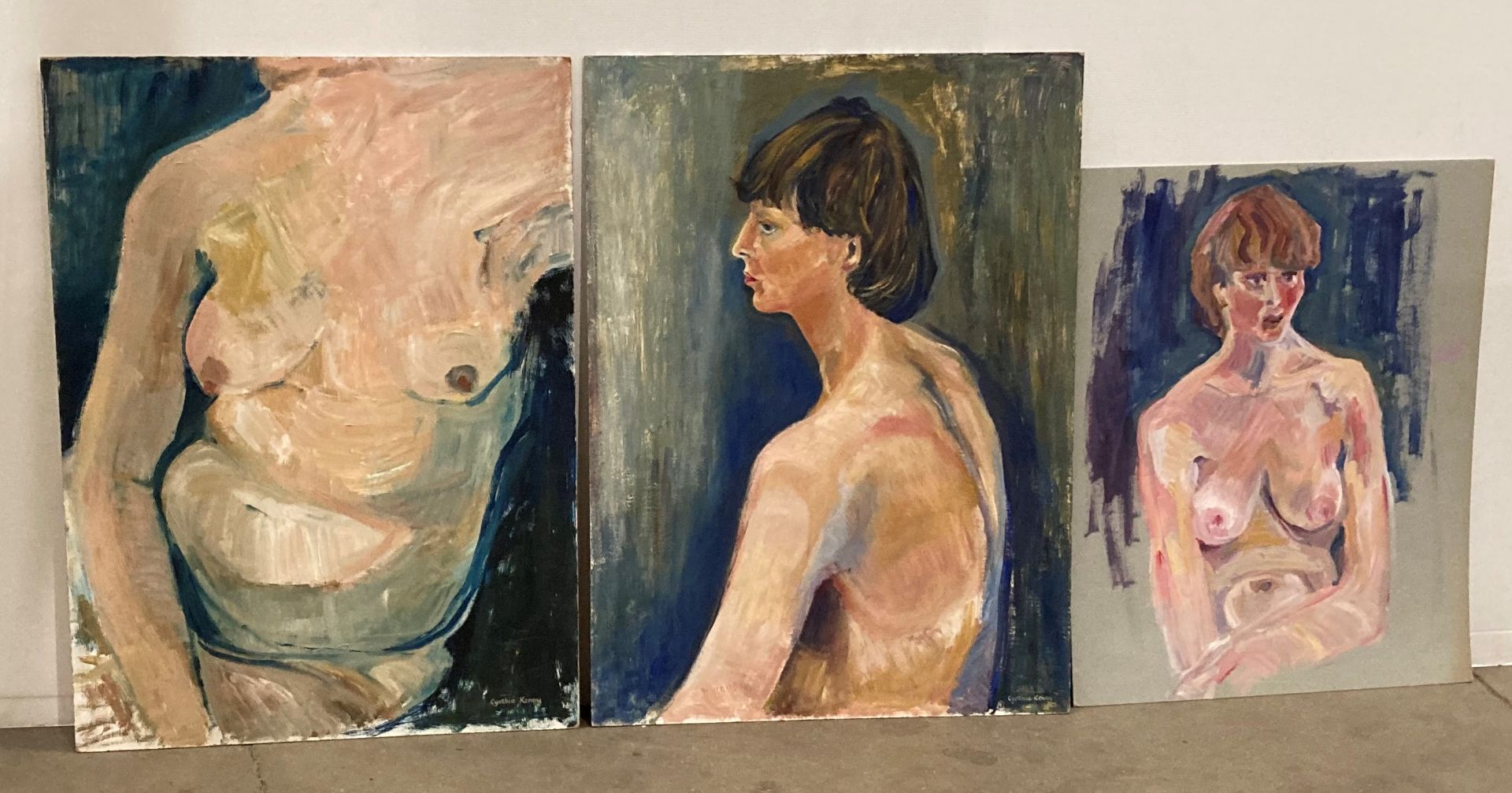 † Cynthia Kenny (1929-2021), three unframed paintings, 'Figure Painting I' and 'Figure Painting II',