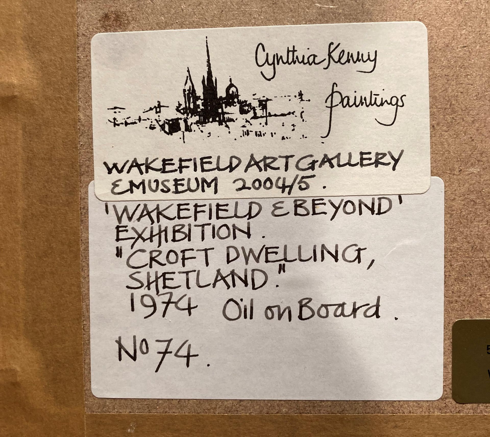 † Cynthia Kenny (1929-2021), 'Croft dwelling, Shetland 1974', titled verso, oil on board, - Image 4 of 4