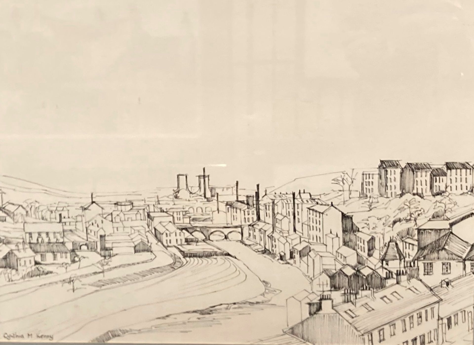 † Cynthia Kenny (1929-2021), 'Elland', titled verso, pen and ink on paper, image size 31cm x 43cm,