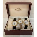 Three ladies' watches including Rotary gold-plated with black leather strap,