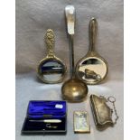 Six assorted silver plate items including, purse on chain, two assorted hand-held mirrors,