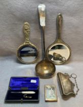 Six assorted silver plate items including, purse on chain, two assorted hand-held mirrors,