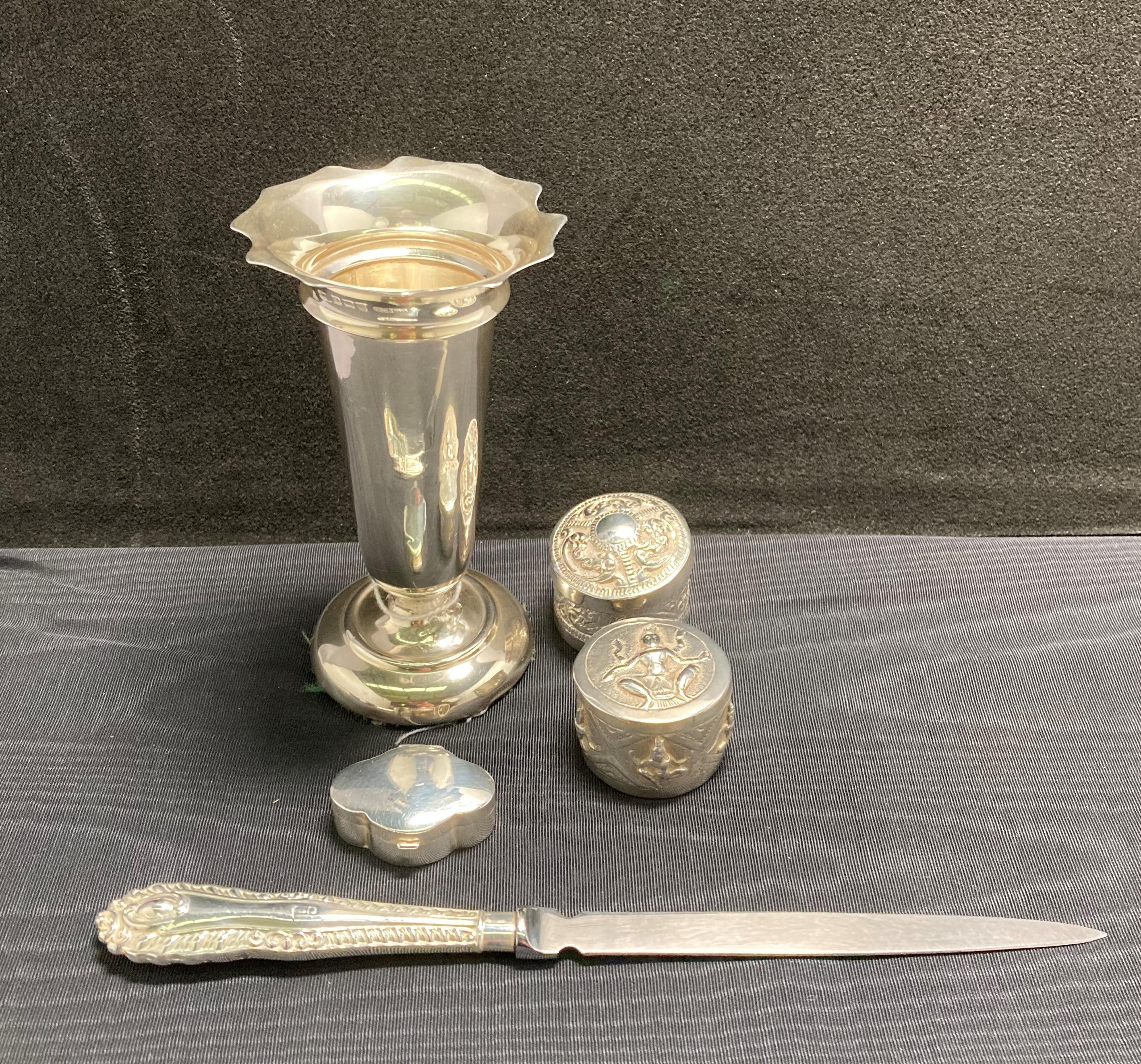 Five assorted silver items including, small trumpet vase, 11.