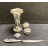 Five assorted silver items including, small trumpet vase, 11.