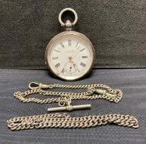Silver pocket watch [hallmarked] with white enamel face and Roman numerals by H Samuel, Manchester,