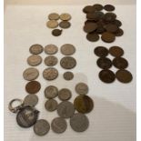 Contents to box - assorted coins including 3 x 1986-90 £2 coins, one penny pieces,