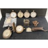 Contents to bag, six assorted pocket watches, Kelton wristwatch, assorted badges, etc.