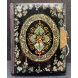 Brown leather and Mother of Pearl inlaid picture frame book with brass clasp, 15.5cm x 12.