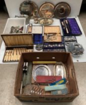 Contents to two boxes - three assorted EPNS/silver plated plates, boxed cutlery, jugs,