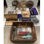 Contents to two boxes - three assorted EPNS/silver plated plates, boxed cutlery, jugs,
