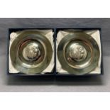 Pair of silver [hallmarked] lion head ashtrays by RICHARD O A JARVIS, 14.5cm diameter.