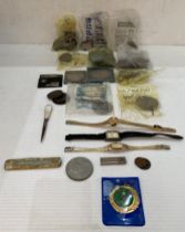 Contents to tin - assorted coins including, £5 coin in memory of Princess Diana, one penny pieces,