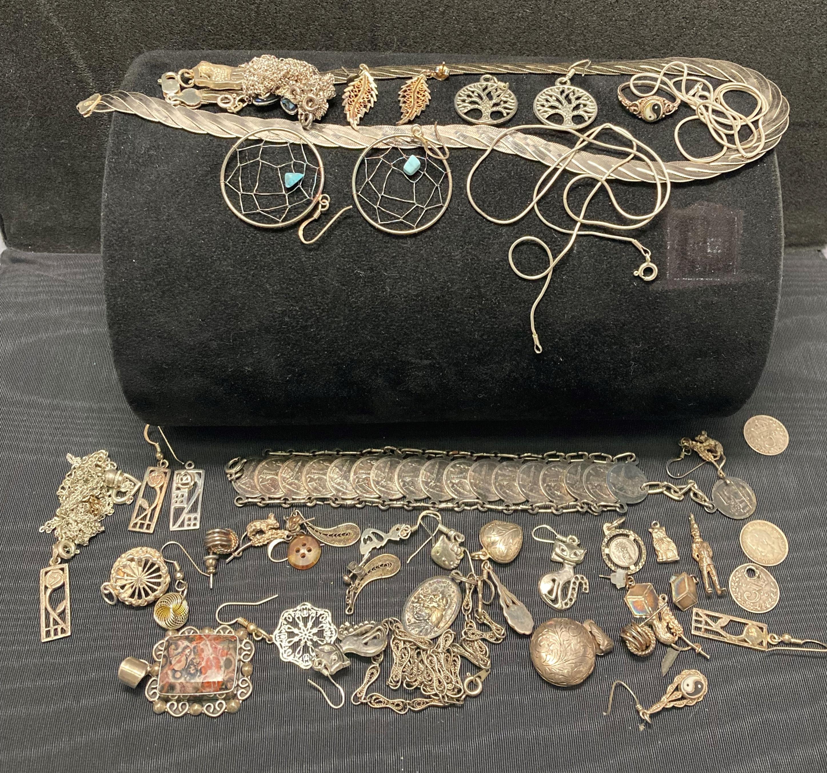 Contents to bag, assorted silver [hallmarked] items including earrings, necklaces, lockets,