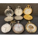 Six pocket watches including Royce 17 Jewel with fishing man to back, Albert Einstein, City Watch,