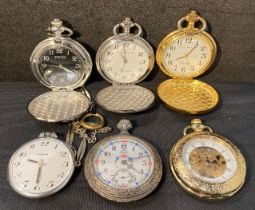 Six pocket watches including Royce 17 Jewel with fishing man to back, Albert Einstein, City Watch,