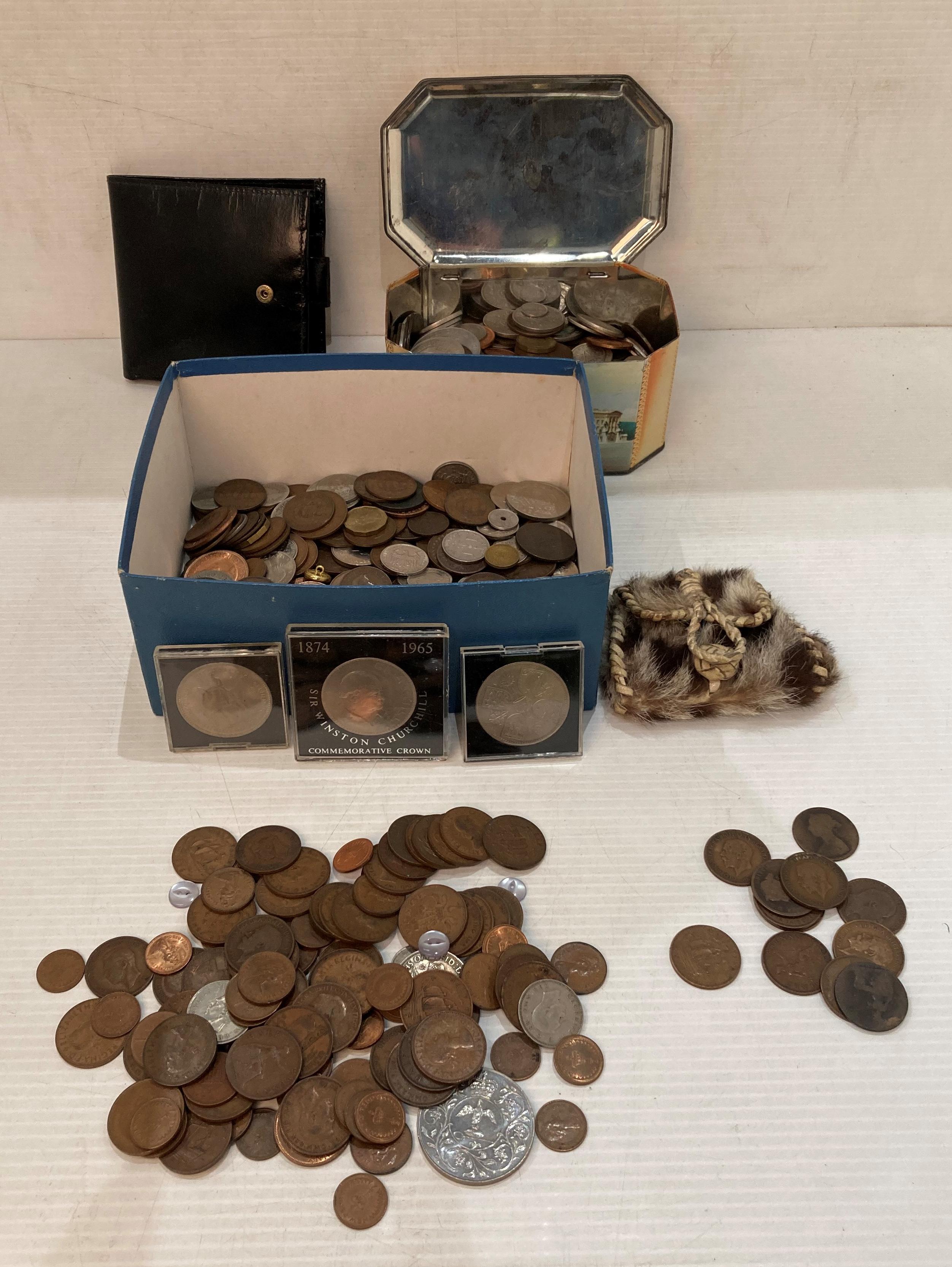 Contents to box and tin - assorted coins including British shillings, one penny, two shillings,