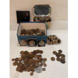 Contents to box and tin - assorted coins including British shillings, one penny, two shillings,