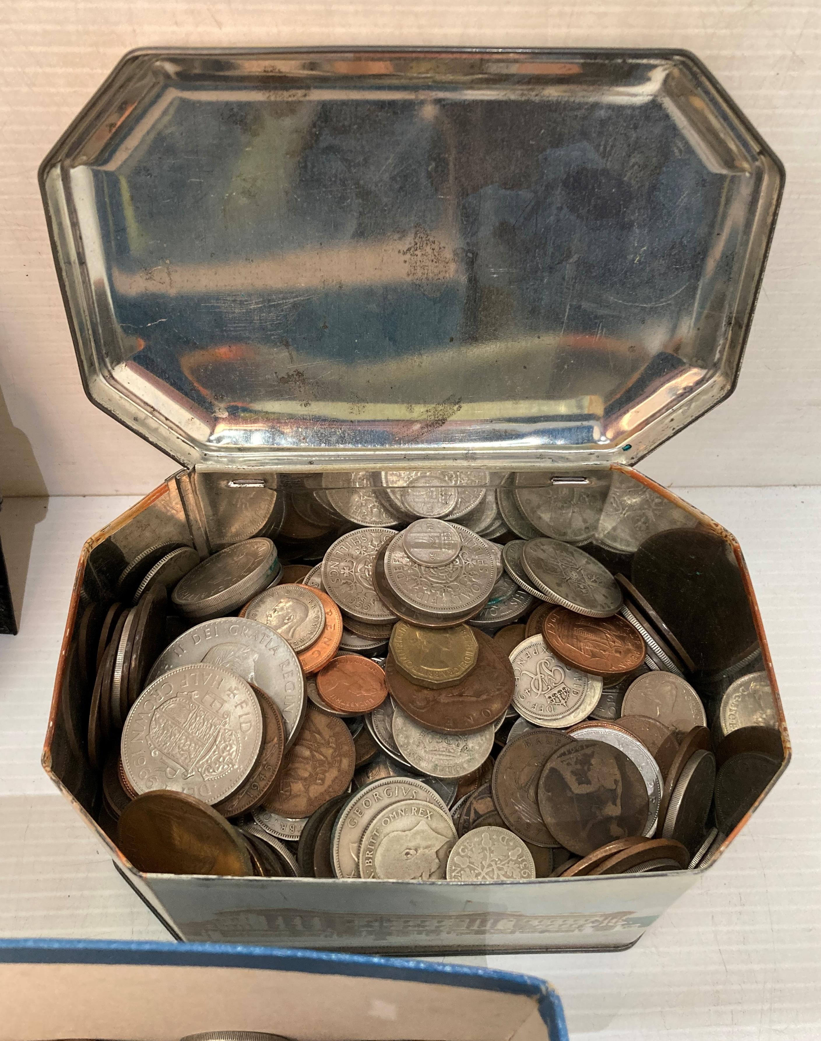 Contents to box and tin - assorted coins including British shillings, one penny, two shillings, - Image 2 of 5