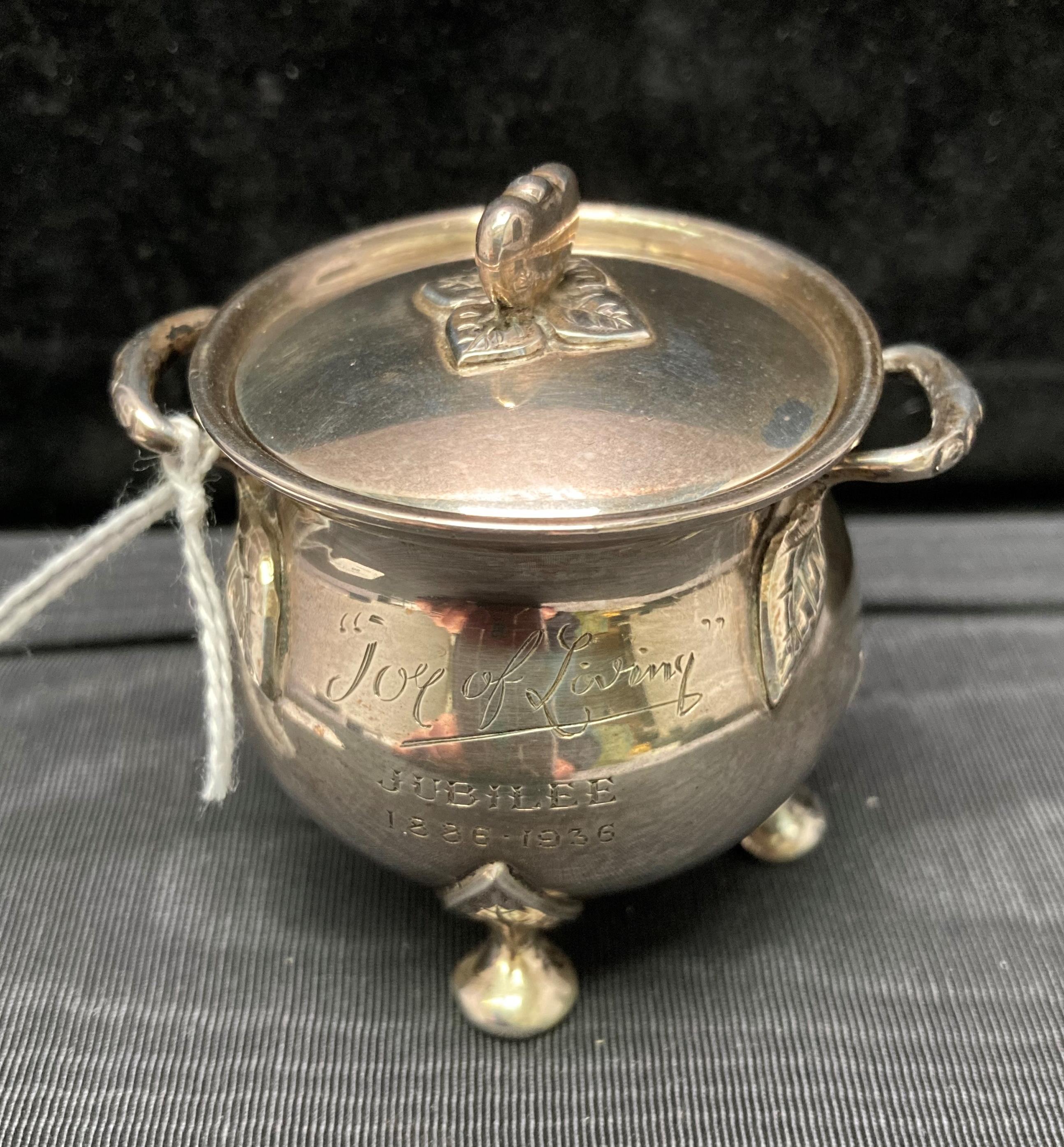 Silver [hallmarked] miniature double handled cauldron engraved with "Joy of Loving" "Jubilee