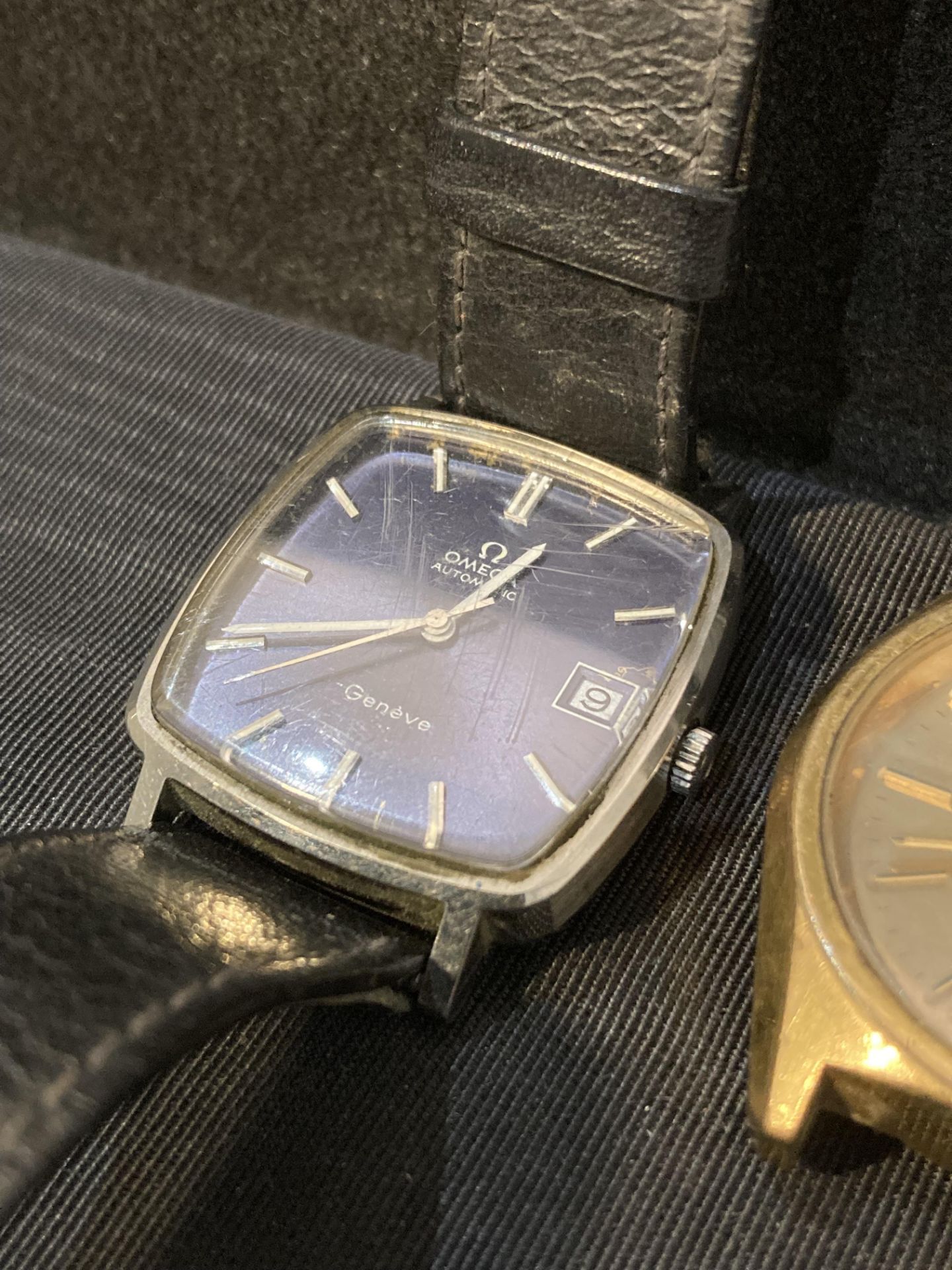 Three gents watches by Omega Automatic Geneve in working condition working with black leather trap - Image 2 of 4