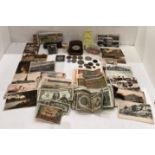 Contents to box - assorted coins, bank notes, dollar notes,