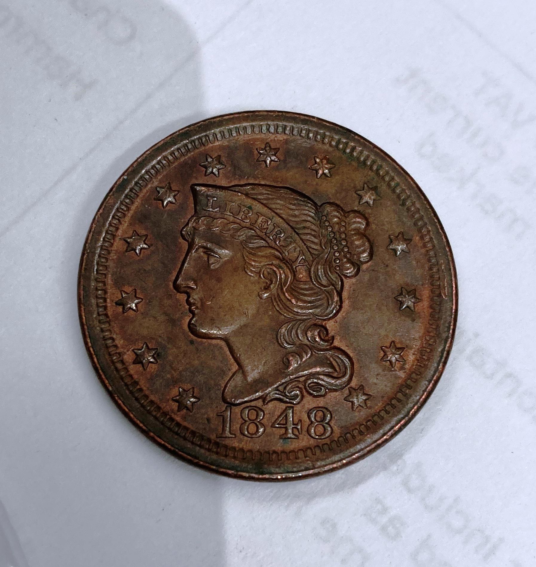 USA 1848 Braided Hair large one cent, - Image 2 of 2