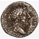 Marcus Aurelius AR denarius. Reverse: M Aurelius veiled, sacrificing at altar.