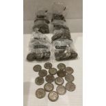 Contents to tub - eight bags of assorted coins; half crowns, one Florin, one shilling pieces,