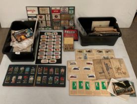 Contents to two boxes - assorted postcards, cigarette cards including airplanes, military, flags,