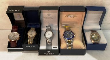 Five gents' watches including Buler, Omer, Biden Sports,