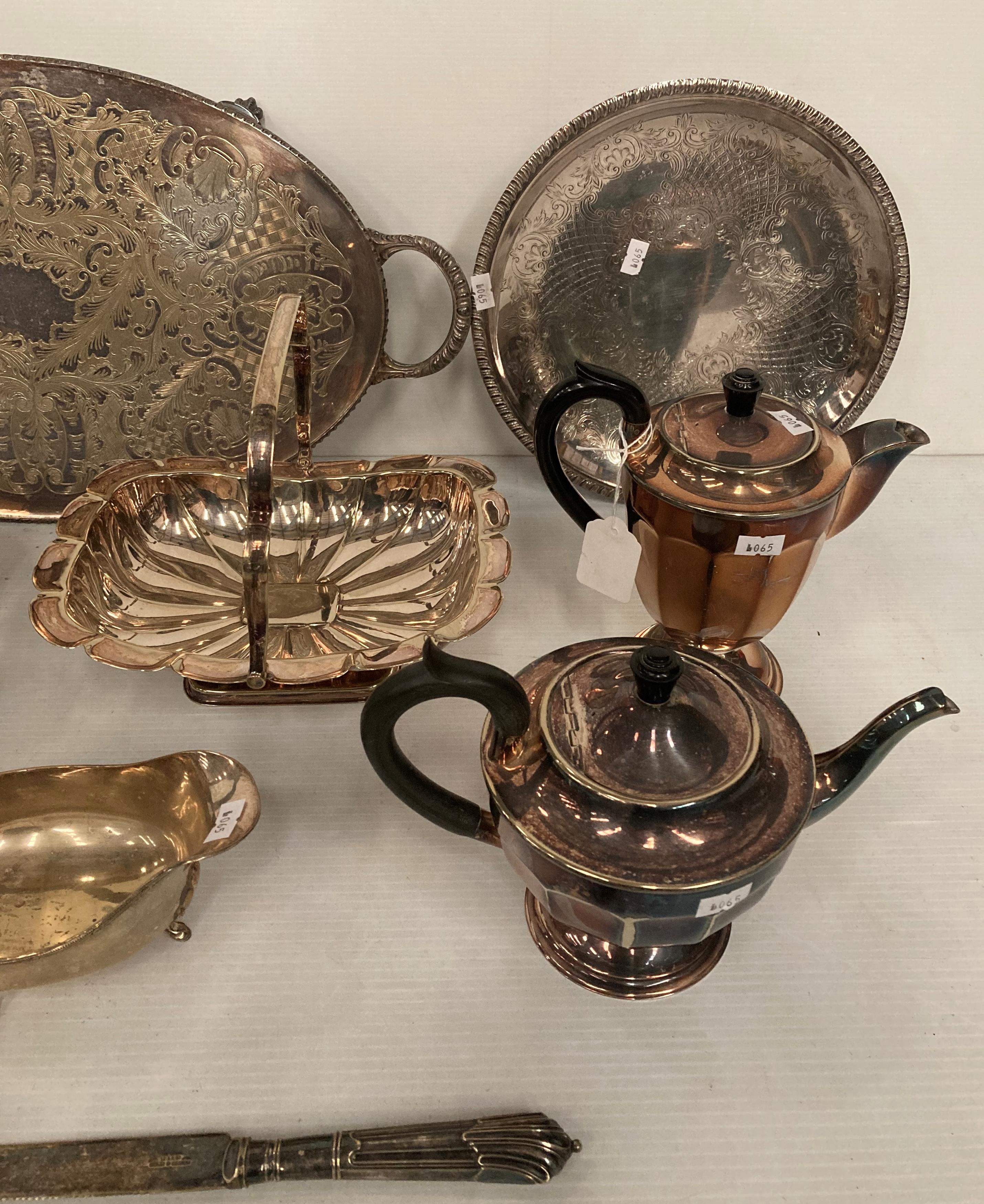 Nine pieces of silver plate including oval double handled tray, four piece tea service, - Image 3 of 3