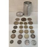 Contents to tin - ten assorted silver coins including, 1876 Greek 5 Drachma,