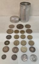 Contents to tin - ten assorted silver coins including, 1876 Greek 5 Drachma,