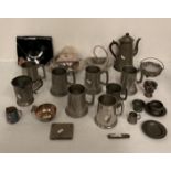 Contents to box - assorted pewter items including eight tankards, coffee pot,