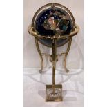 Unique Art floor standing blue lapis and gemstone world globe on tripod frame in brass with compass