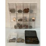 Contents to box - assorted coins from Turkey, USA, France, Spain (1843),