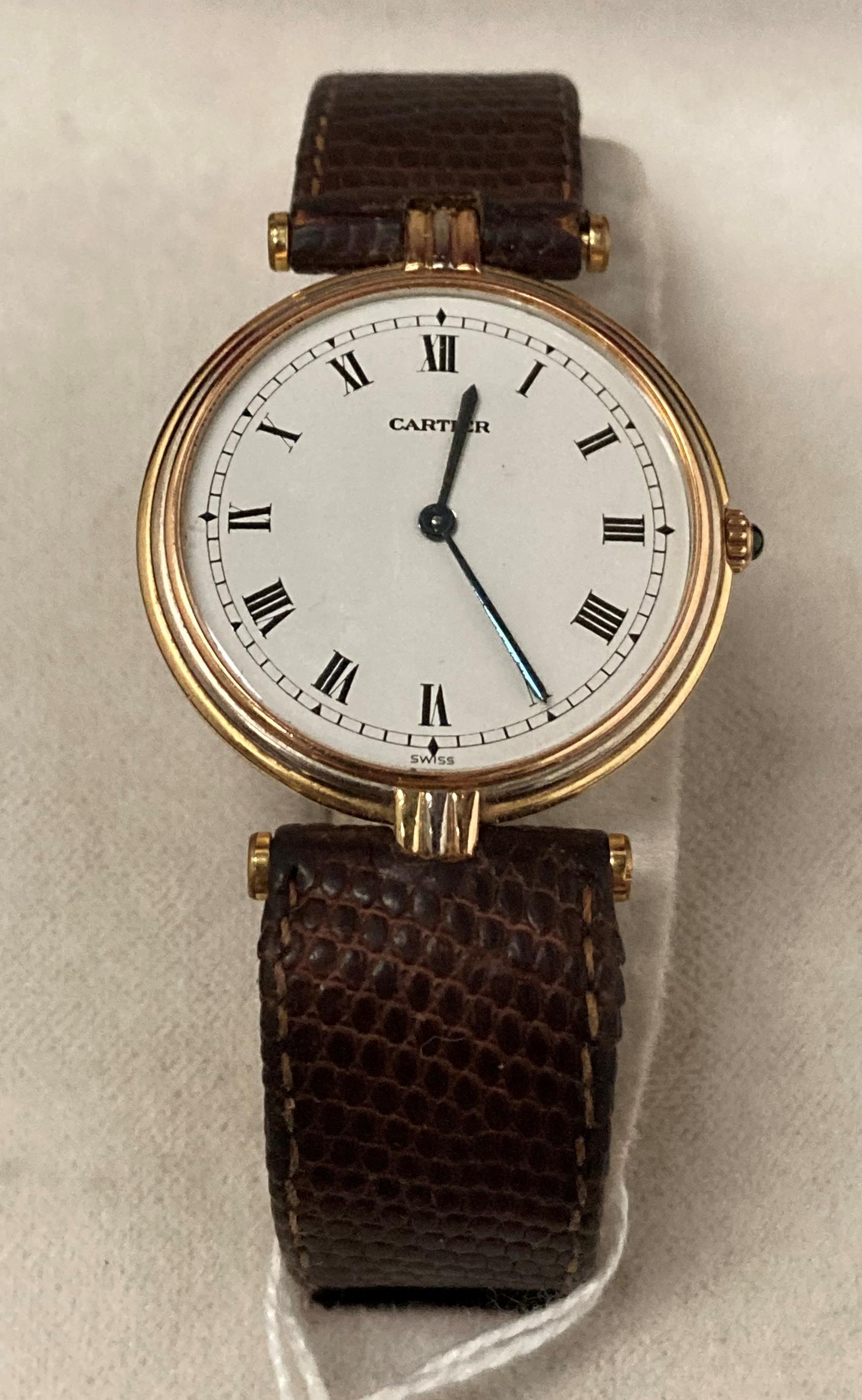 Lady's 18k CARTIER PARIS three colour gold Vendome wristwatch with brown leather strap, - Image 2 of 4