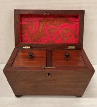 Mahogany sarcophagus tea caddy with twin compartments, both with lids, on bun feet,
