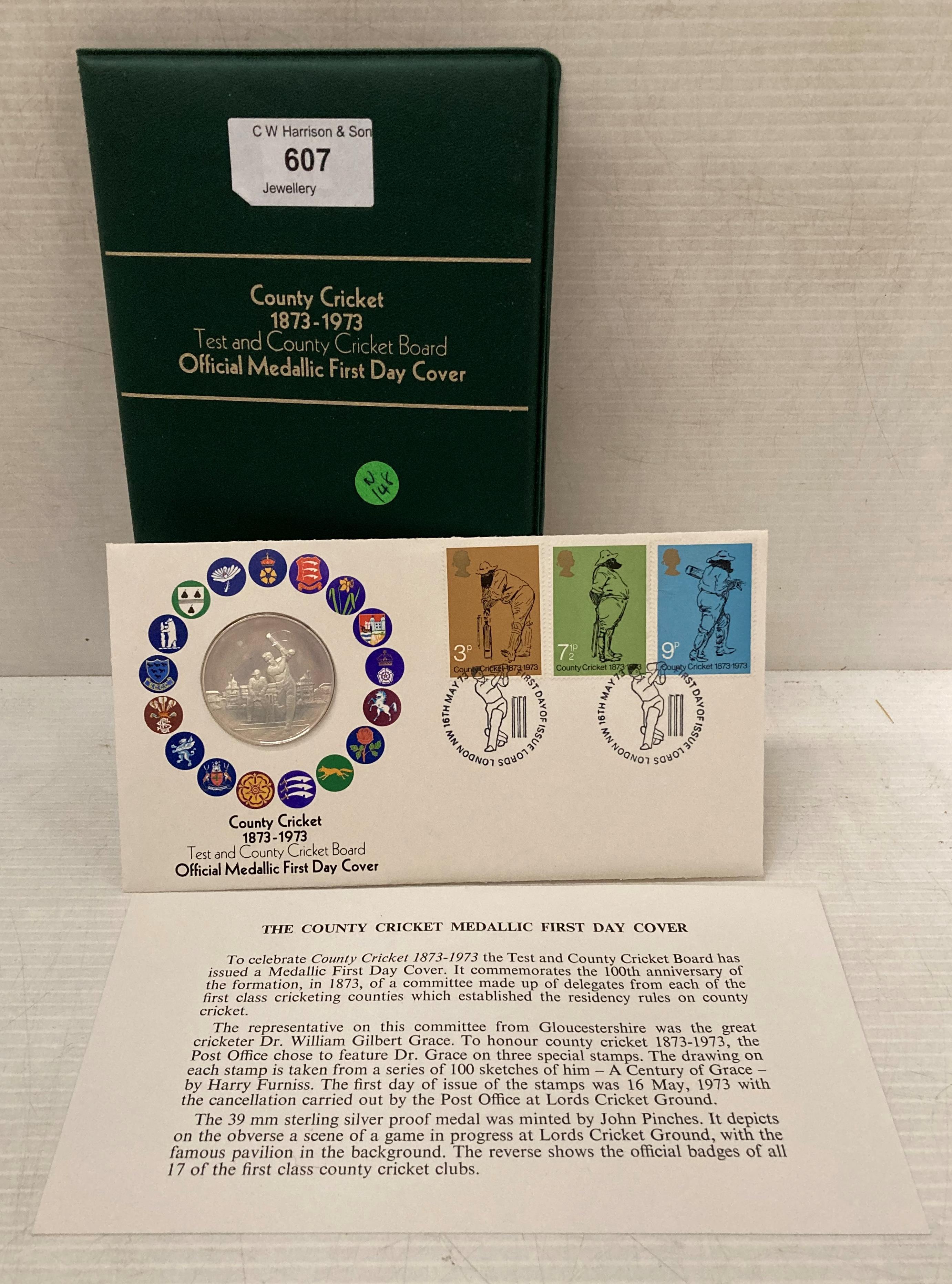 Official Test and County Cricket Board Medallic First Day Cover set with a Sterling Silver proof