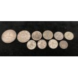 Ten assorted silver world coins, 19th century Poland, Sweden, Germany, etc.