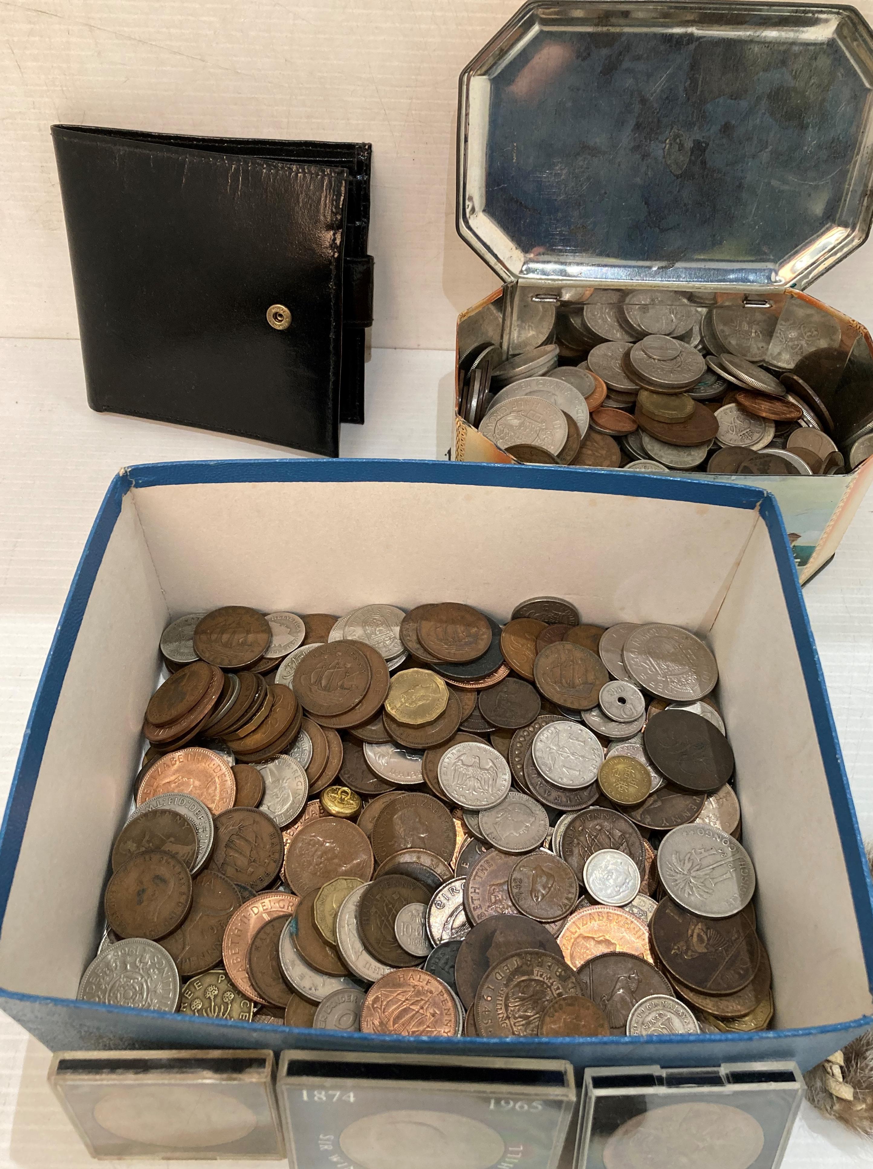 Contents to box and tin - assorted coins including British shillings, one penny, two shillings, - Image 3 of 5
