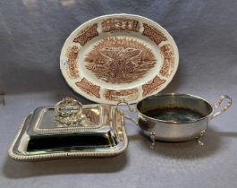 Three items including, EPNS Tureen by NV & TS 28cm x 20cm EPNS 1¾ pint hammered serving dish,