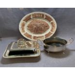 Three items including, EPNS Tureen by NV & TS 28cm x 20cm EPNS 1¾ pint hammered serving dish,